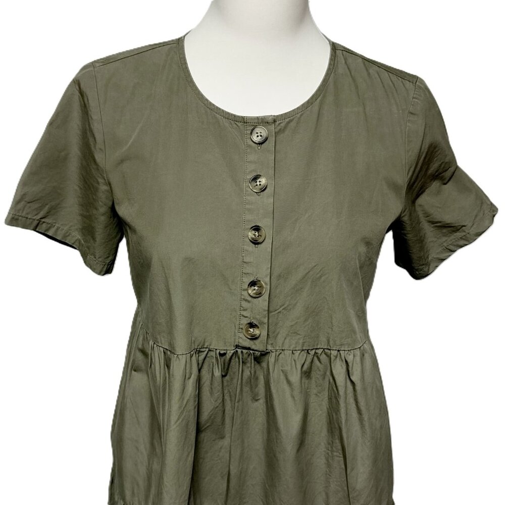 Madewell Olive Green Tiered Cotton Button-Front Babydoll Mini Dress XS - Picture 4 of 7